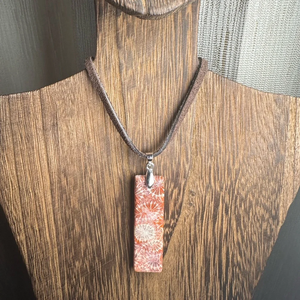 Dark Orange Coral Fossil Thin Rectangle Pendant Necklace on Brown Suede - Picture 4 of 13